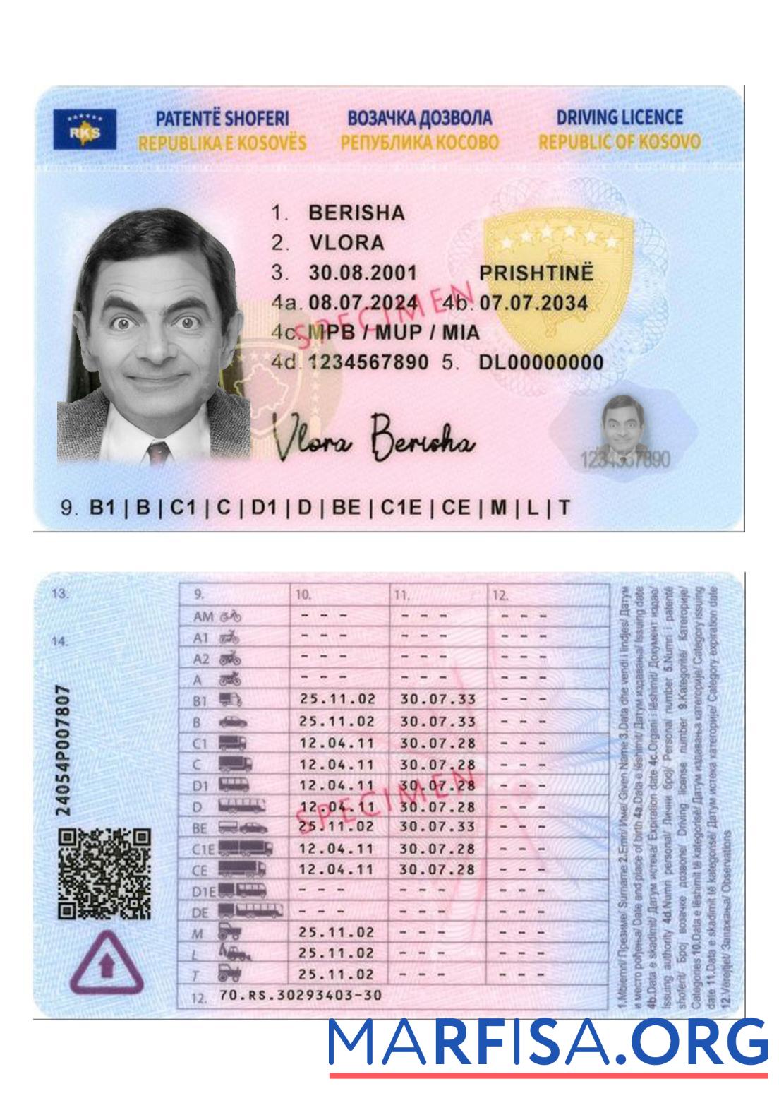 Realistic Kosovo driving license 2024 present example